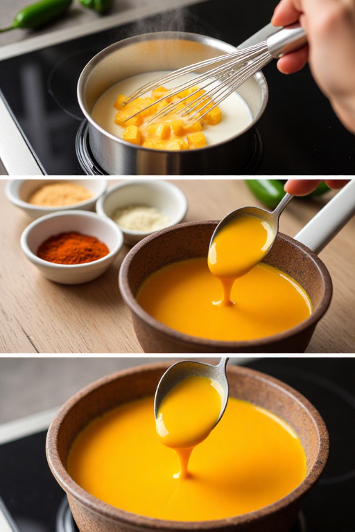 Milk warming in a saucepan.
Cheese cubes being whisked into milk.