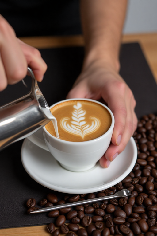 A barista pouring steamed milk into a cup of espresso for a latte