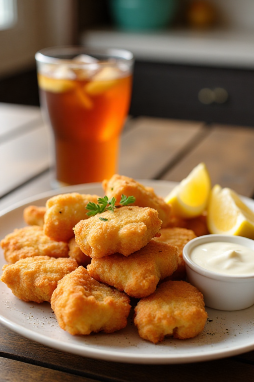 plate of classic fish nuggets with a side of tartar sauce and iced tea.