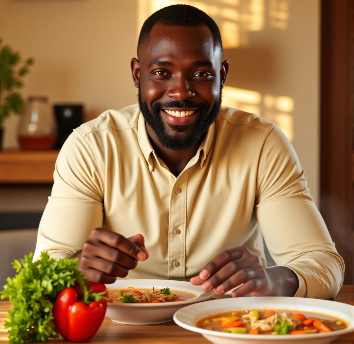 an African American man sitting at a cozy kitchen table, smiling warmly as he enjoys a bowl of chicken soup. The soup is rich with shredded chicken, sliced carrots, celery, and fresh parsley