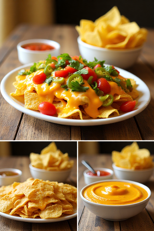 A plate of loaded nachos topped with cheese sauce, jalapeños, and tomatoes alongside a bowl of the cheese dip with tortilla chips.