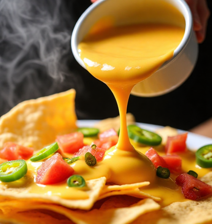 Cheese sauce being poured over nachos.