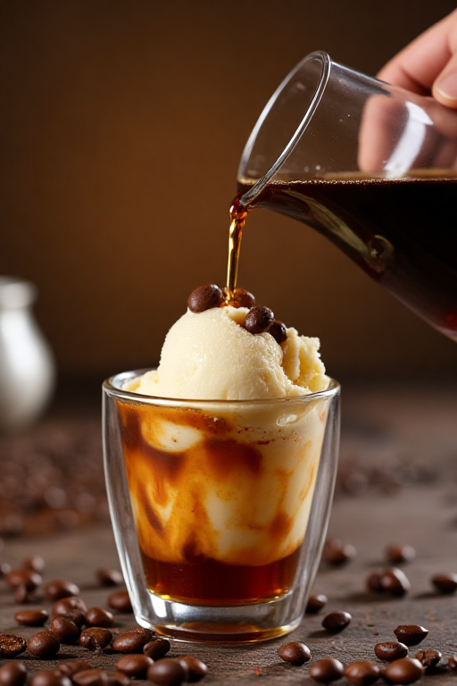 An affogato dessert with espresso poured over vanilla ice cream