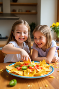 two kids sitting at a kitchen table, joyfully eating nachos covered in creamy cheese sauce.