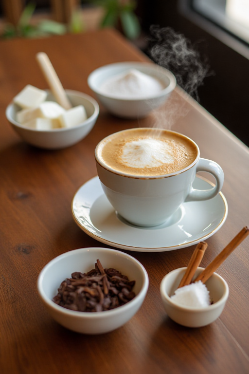 Espresso served with a jar of white chocolate, cinnamon sticks, and sugar cubes