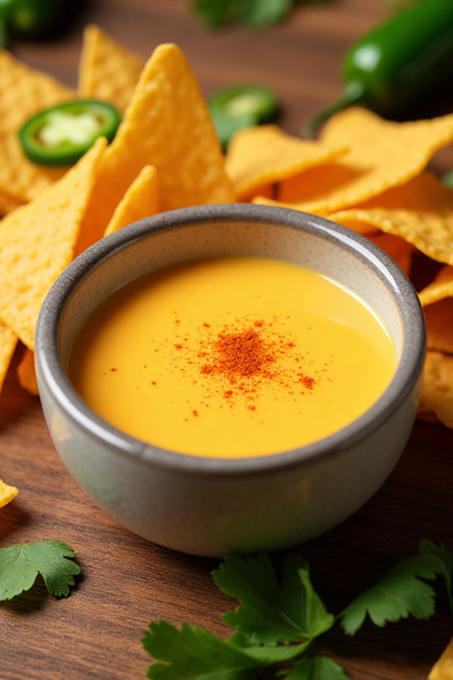 plated shot of the cheese sauce in a stylish bowl, surrounded by nachos, jalapeños, and a sprinkle of paprika for garnish.