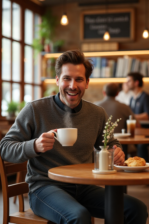 man sitting at a small wooden café table, savoring a cup of steaming coffee.