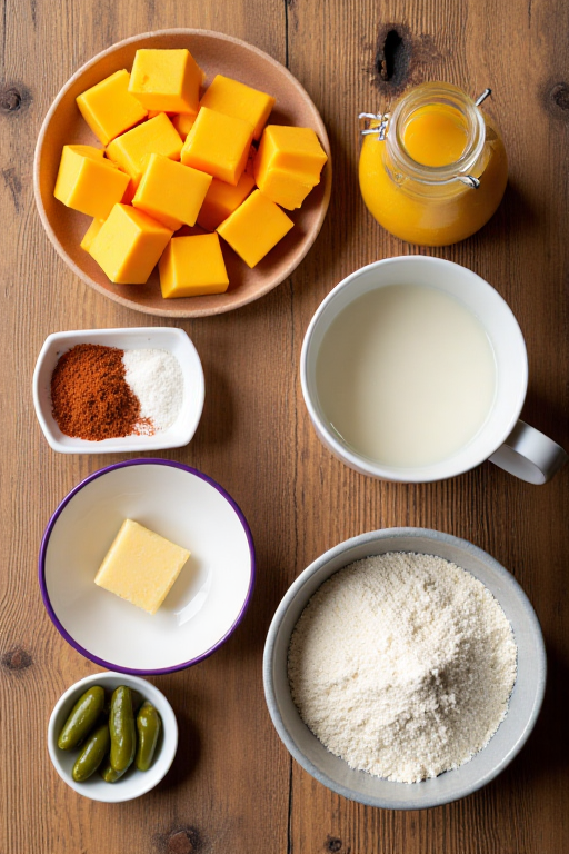 A vibrant flat-lay of all the ingredients, cheese cubes, milk, spices in small bowls, and a jar of pickled jalapeños.