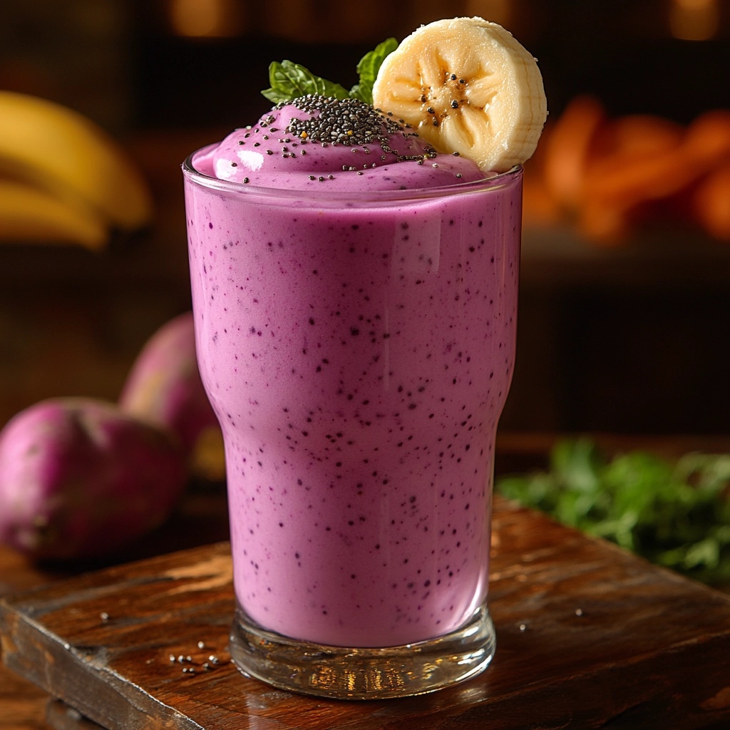 frosty glass of vibrant purple sweet potato smoothie