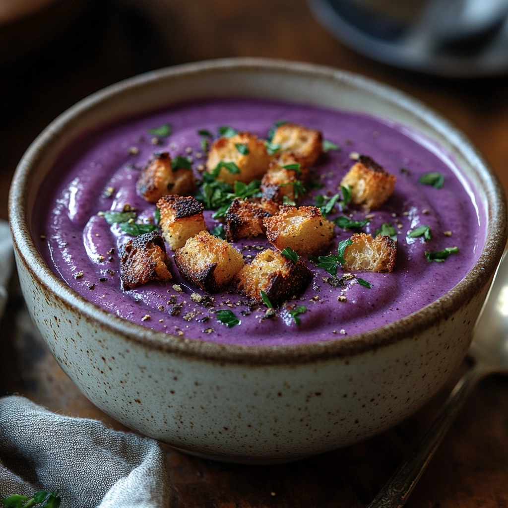 A bowl of creamy purple sweet potato soup