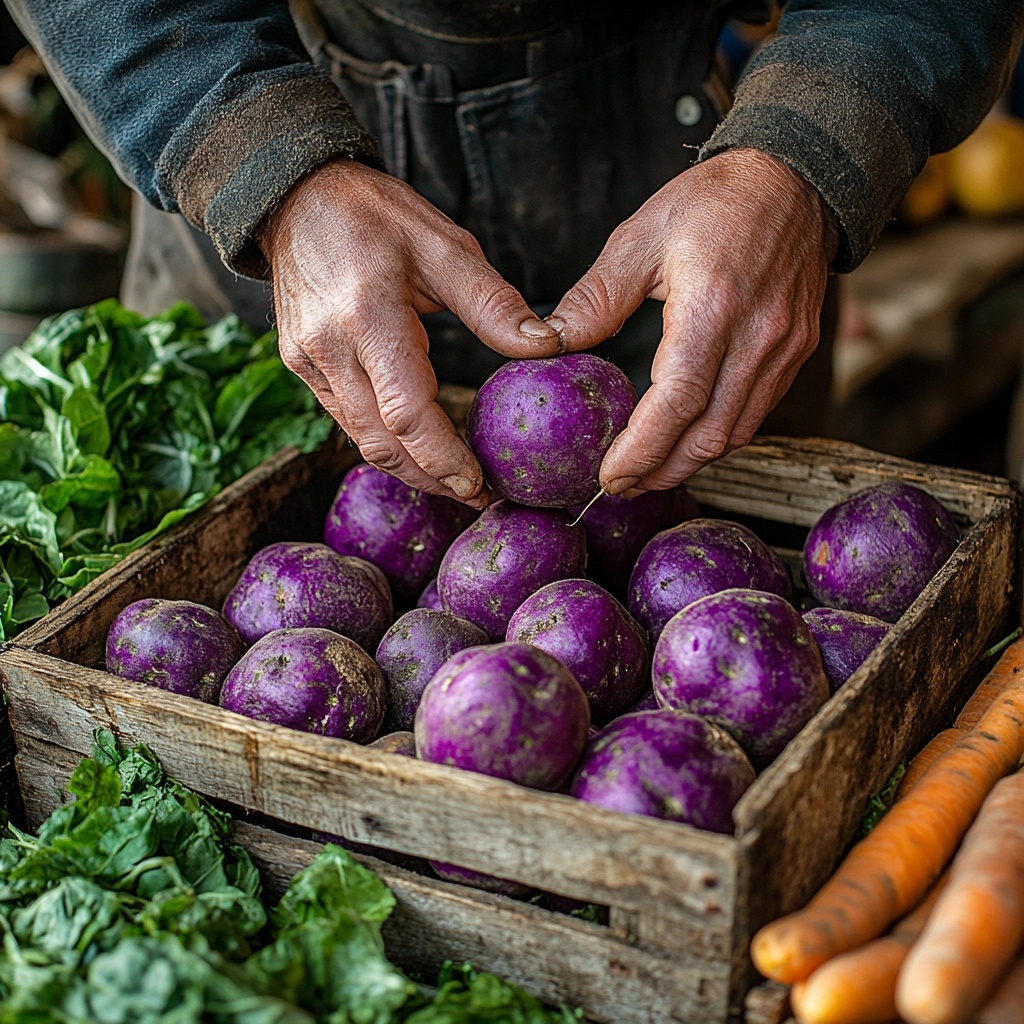 hands carefully selecting firm, fresh purple sweet potatoes 