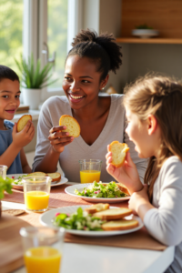 mother enjoying a meal with her two children, all happily eating garlic bread.