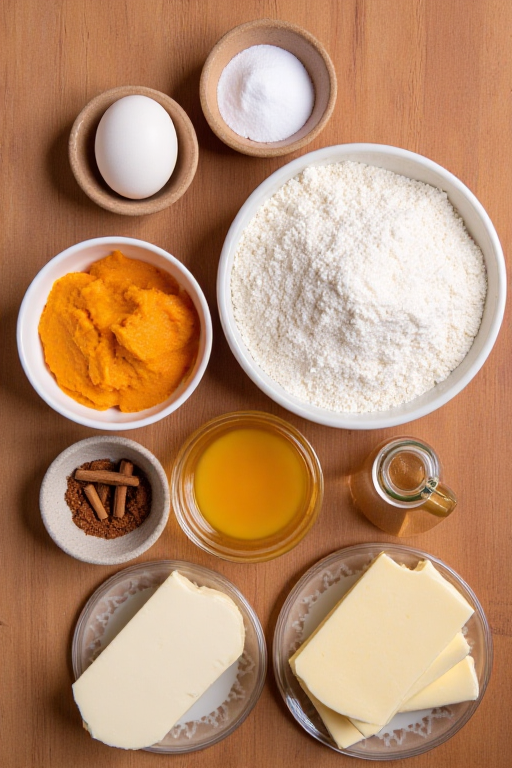 A flat lay of all the ingredients neatly arranged on a wooden countertop, showcasing vibrant spices, creamy butter, and a can of pumpkin puree.