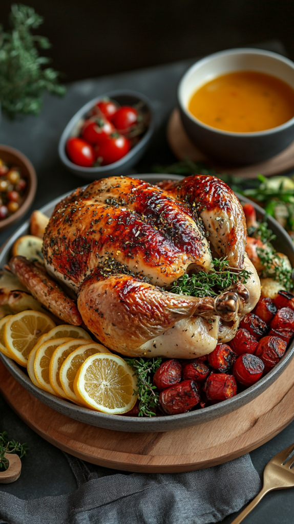 Tarragon Lemon Roast Chicken on a Dinner Table