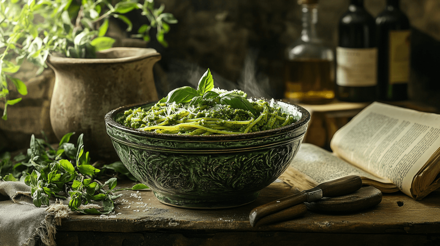 A bowl of green spaghetti garnished with herbs, representing the cultural history and evolution of this dish