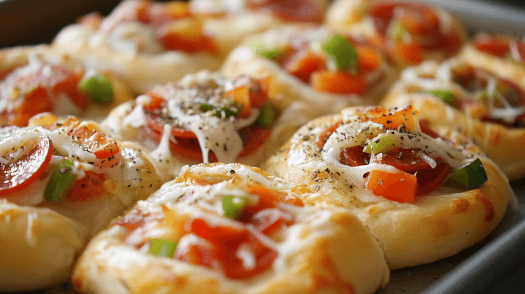 crescent roll pizza being topped with cheese, pepperoni, and bell