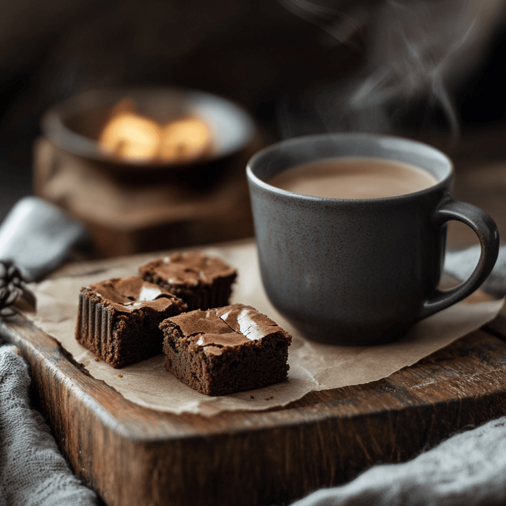 brownie bites next to a steaming cup of coffee