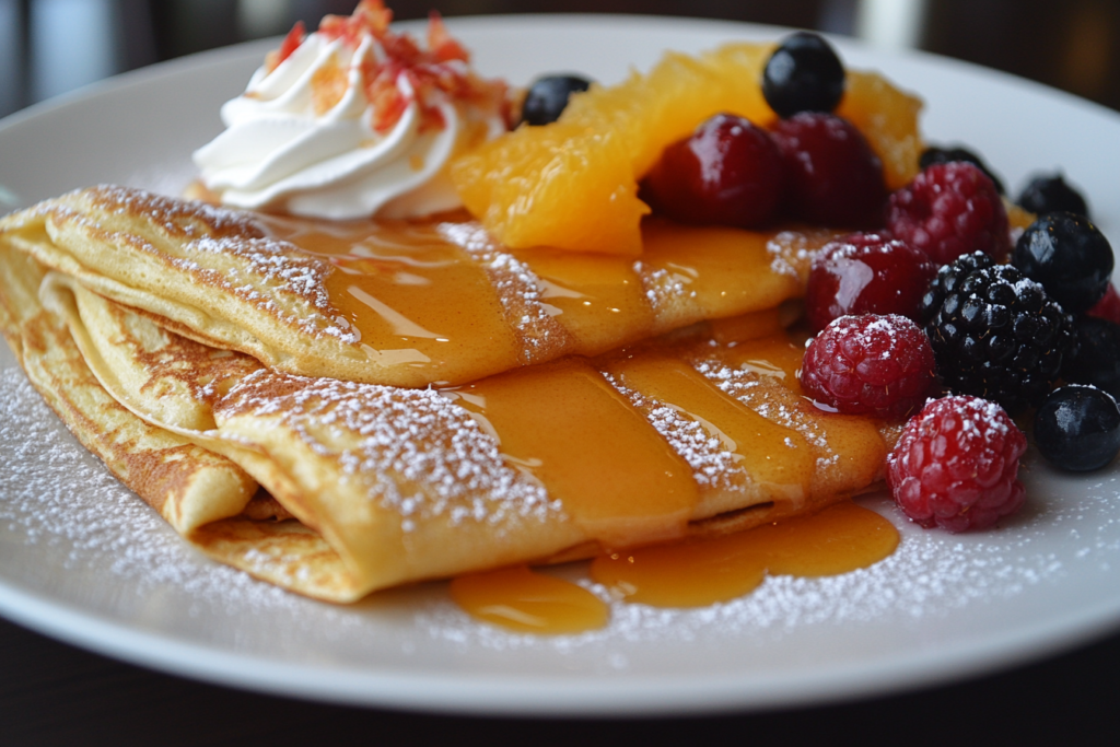 Crepes drizzled with orange sauce served with berries.