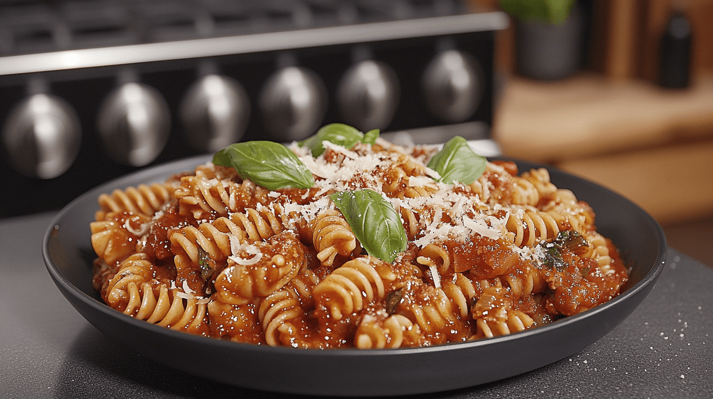 Strozzapreti pasta with tomato-basil sauce on a plate.