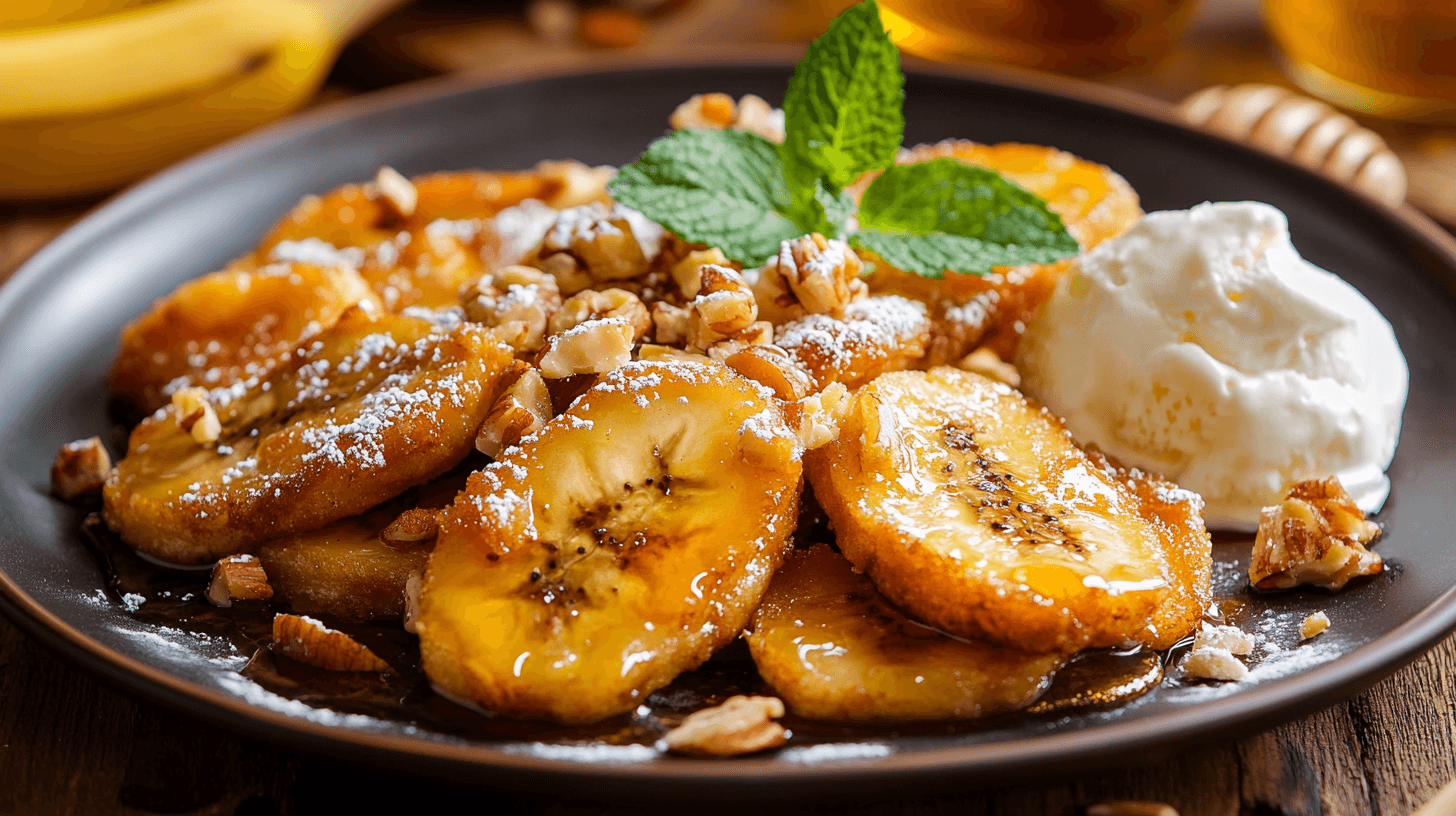 Golden, crispy fried banana slices served with toppings.