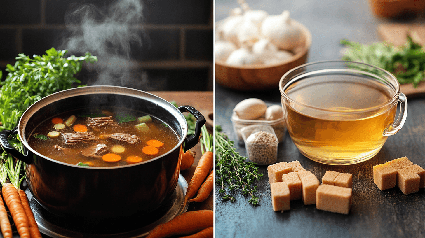 comparison of beef broth and bouillon with ingredients and dishes