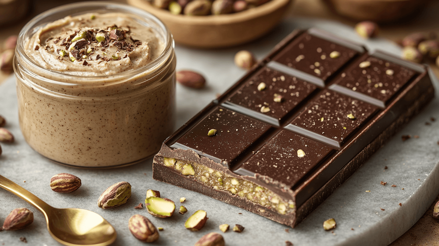 tahini positioned elegantly next to a premium chocolate bar filled with pistachio paste