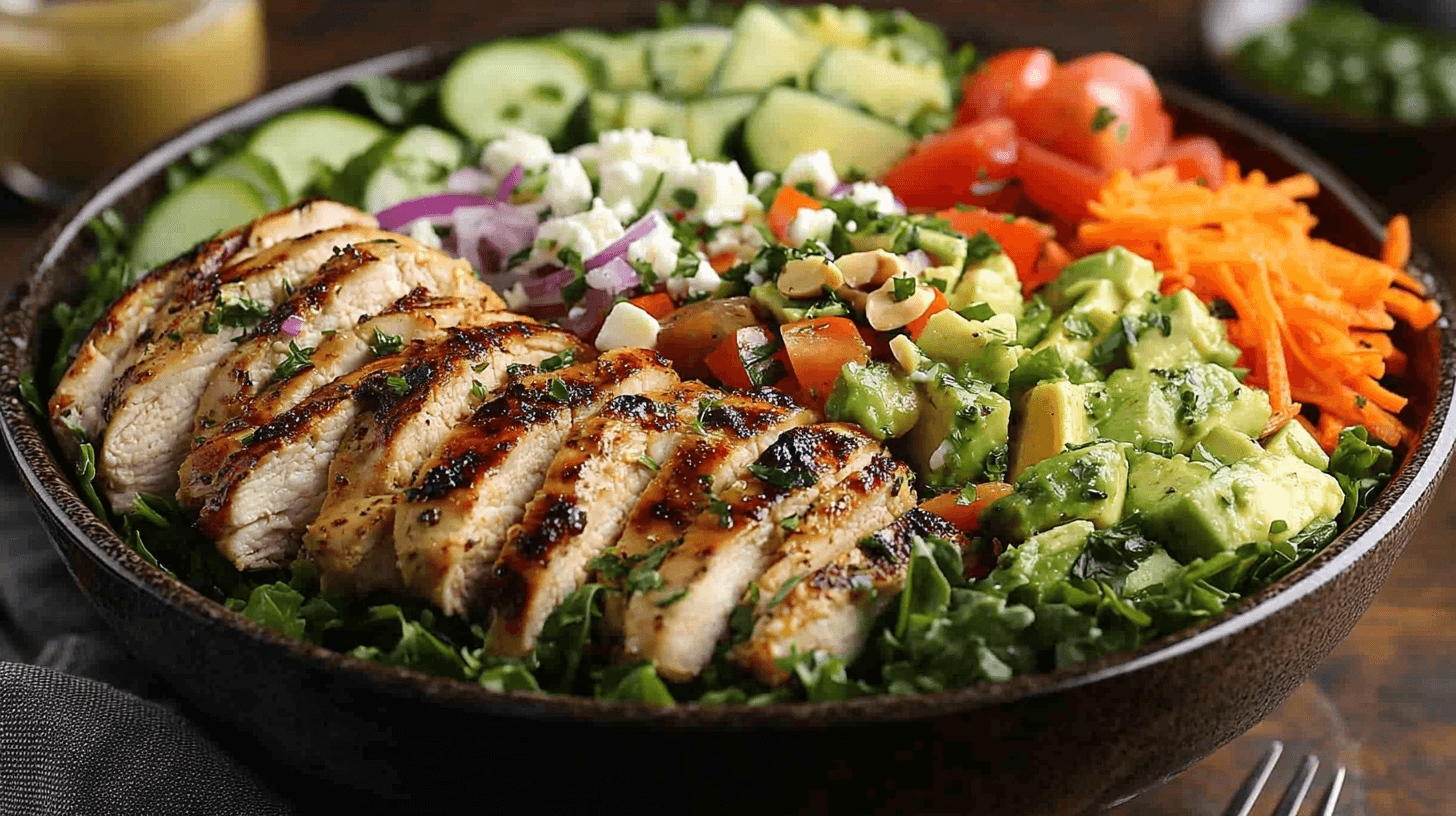 Fresh and colorful chicken salad served in a bowl with greens and toppings.