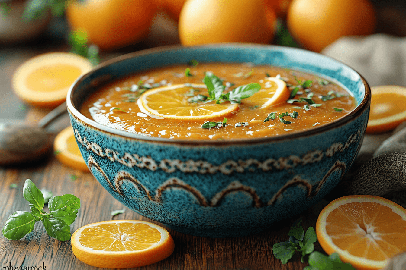 A vibrant bowl of orange sauce in a rustic kitchen setting, with fresh oranges and zest scattered around, warm natural lighting.