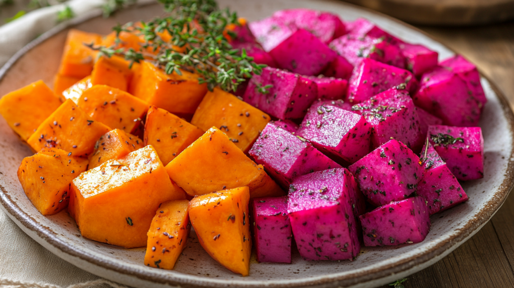 purple sweet potatoes placed next to regular orange sweet potatoes 