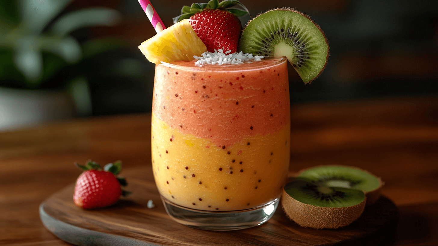 tropical smoothie in a clear glass garnished with fresh fruits.