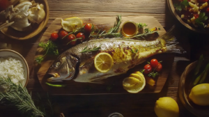 branzino with crispy golden skin, garnished with lemon slices, fresh rosemary, and parsley