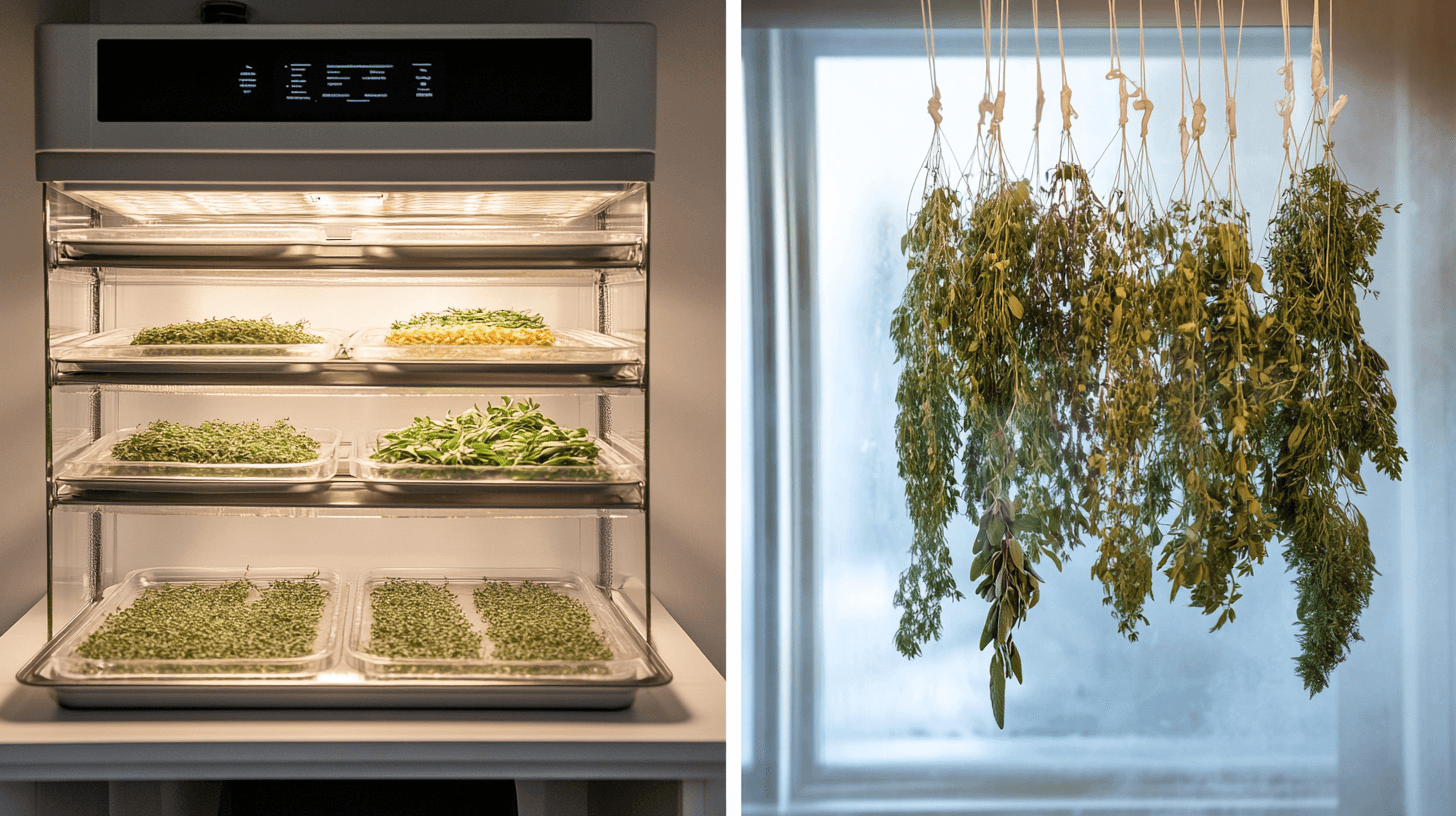 A side-by-side comparison of dehydrated herbs and air-dried herbs