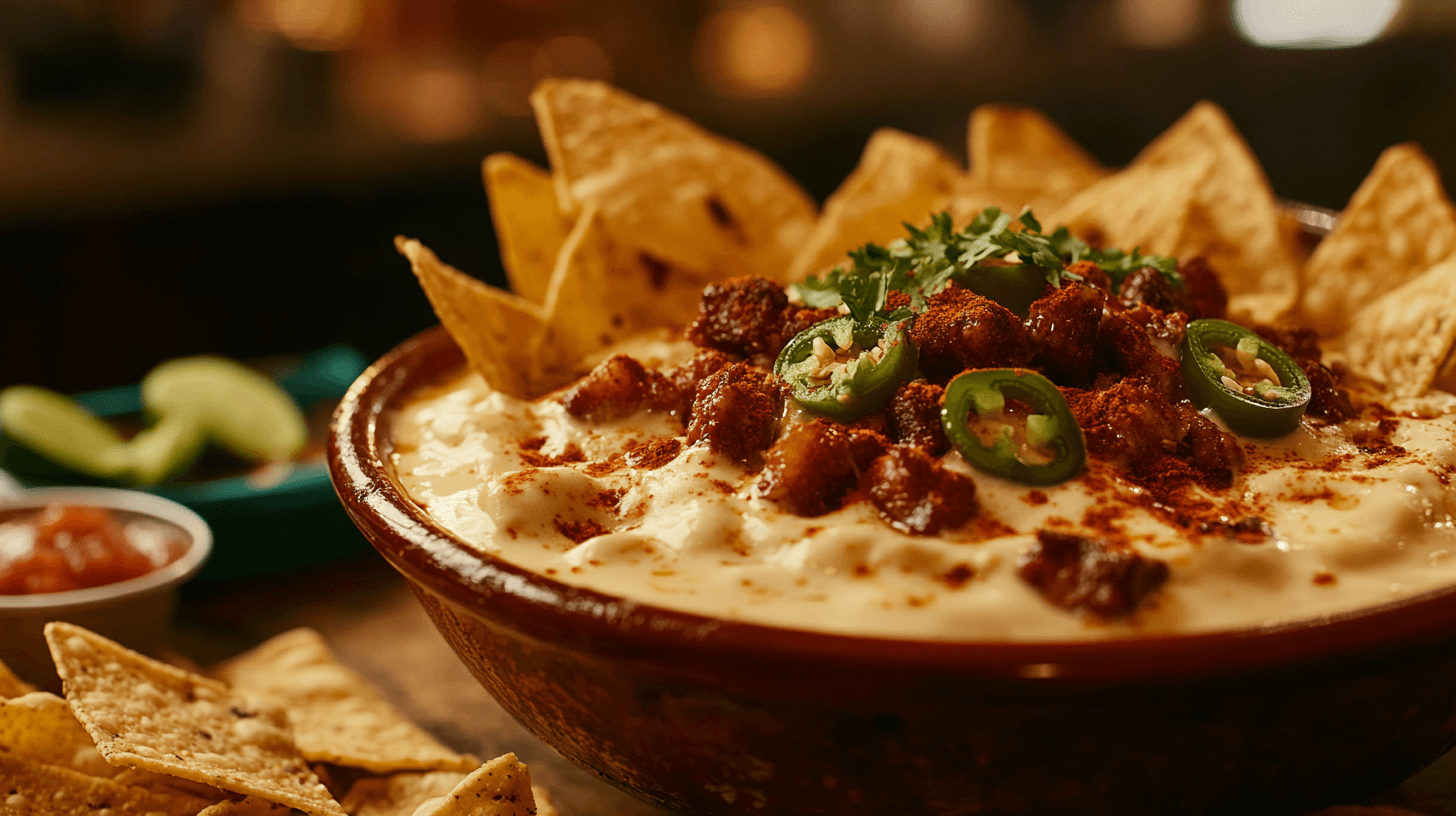 A bowl of creamy queso surrounded by crispy tortilla chips