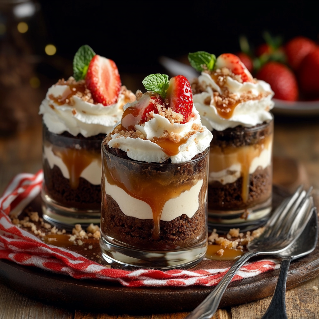 Layers of brownie bites, whipped cream, and strawberries in a glass