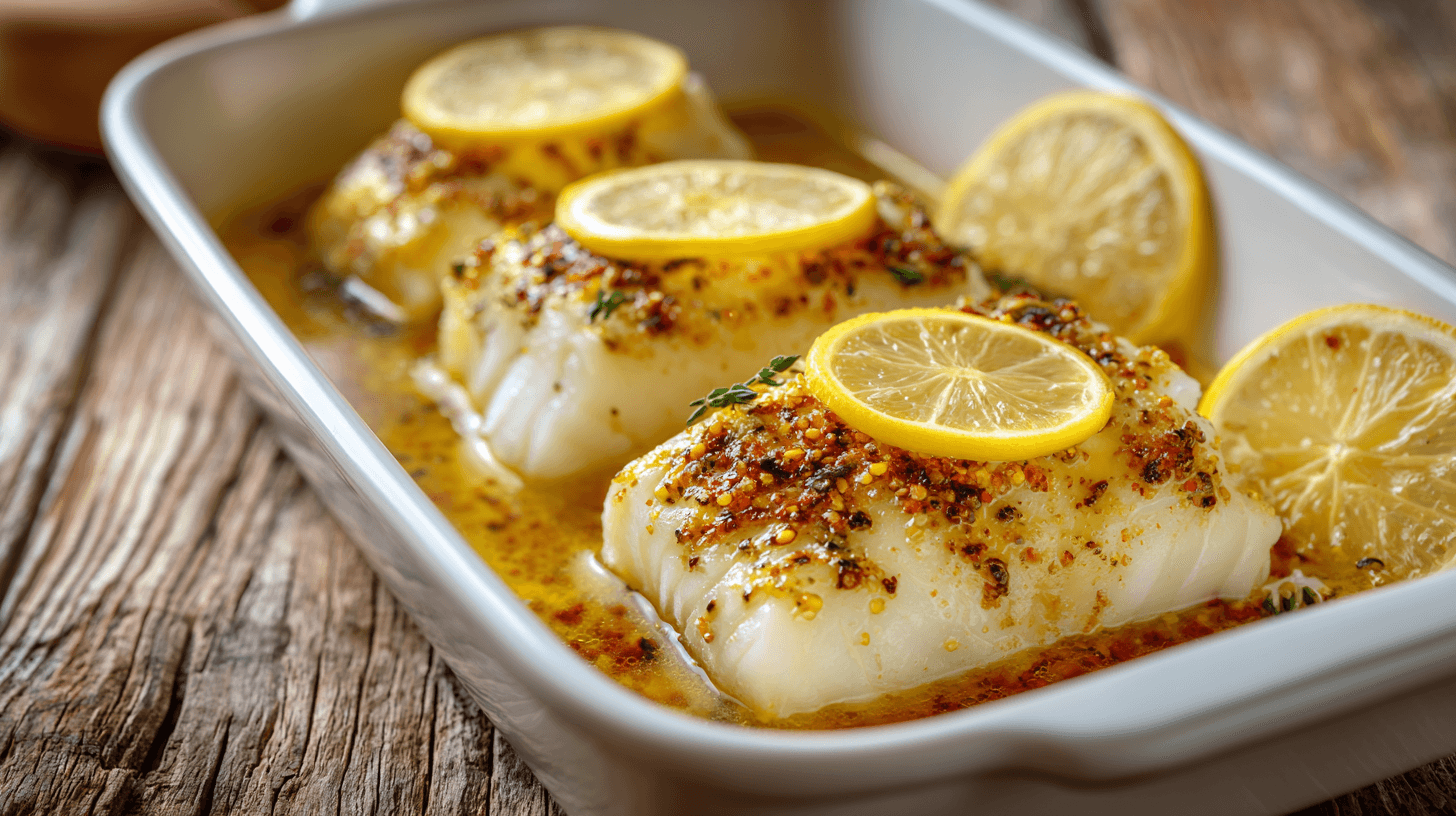 Cod Fillets With Honey Garlic Sauce In A White Baking casserole 