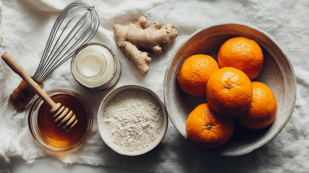 Flat Lay Of Oranges Fresh Ginger Honey Jar Flour Bowl 