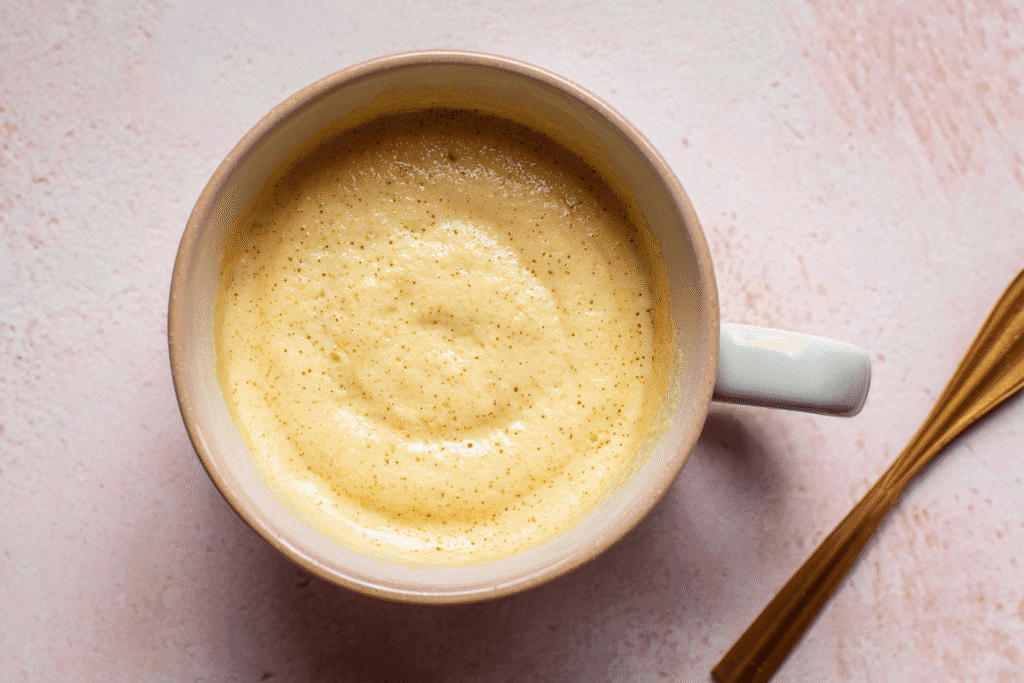 Close-up of apple mug cake batter before microwaving