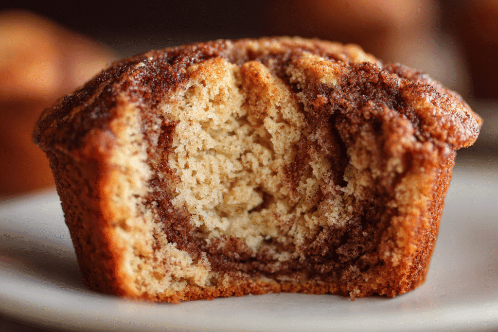 Close-up of cinnamon swirl texture inside protein muffin