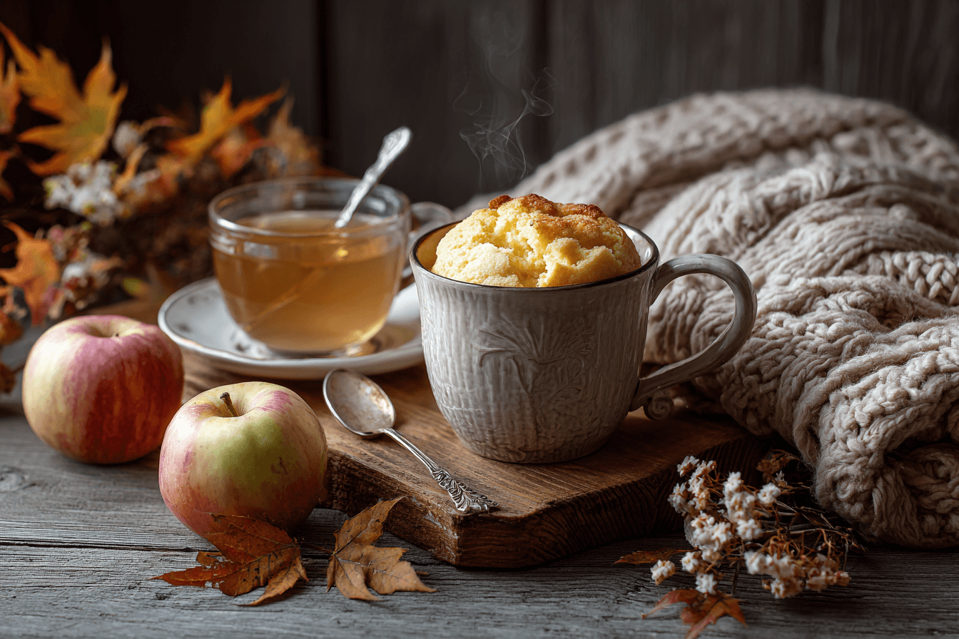 Cozy autumn scene with apple mug cake and cup of tea
