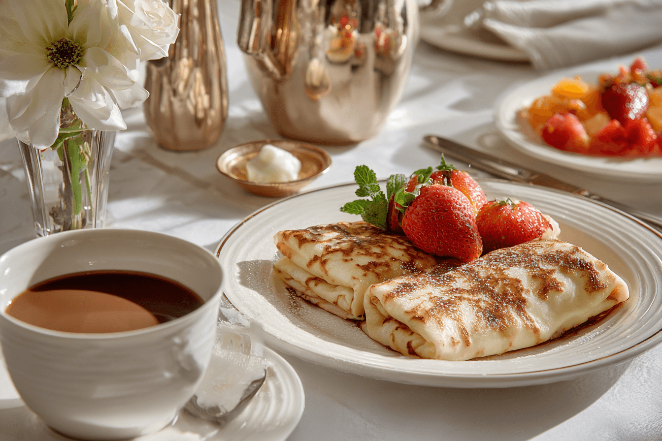 Elegant Brunch Setting With Blintzes Coffee