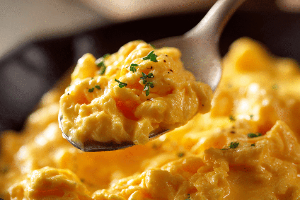 Glossy Creamy Scrambled Eggs Spoon Close Up 