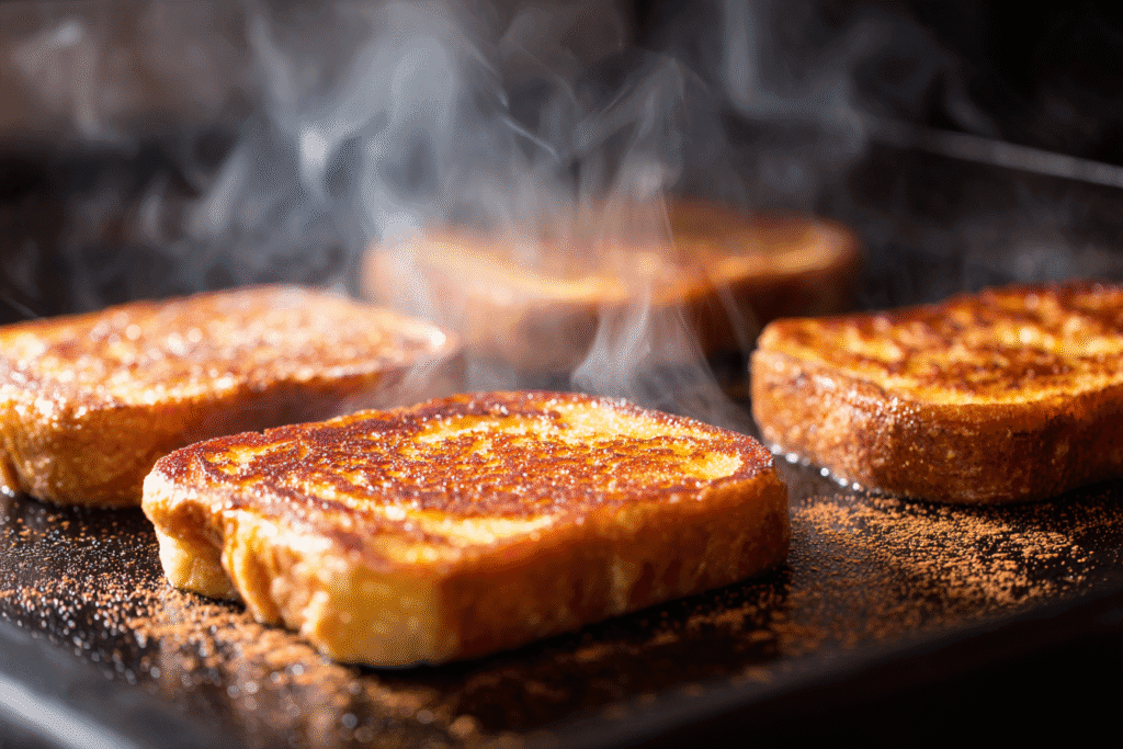 Golden French Toast Slices On Griddle 