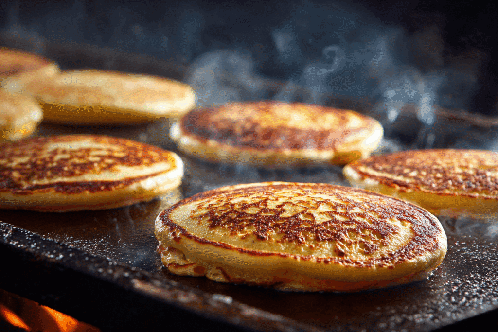 Golden pancakes cooking on a griddle, close-up