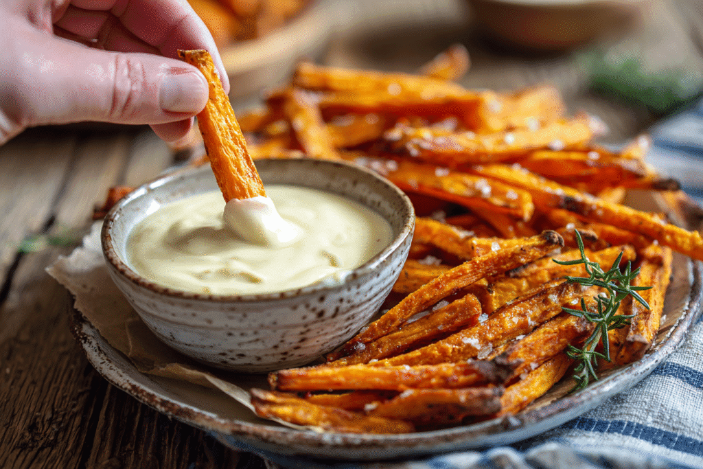 Basket of crispy air fryer sweet potato fries with herbs and dipping sauce