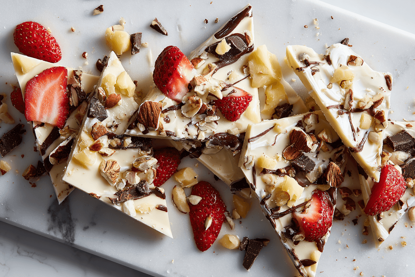 Healthy frozen dessert bark broken into pieces on marble