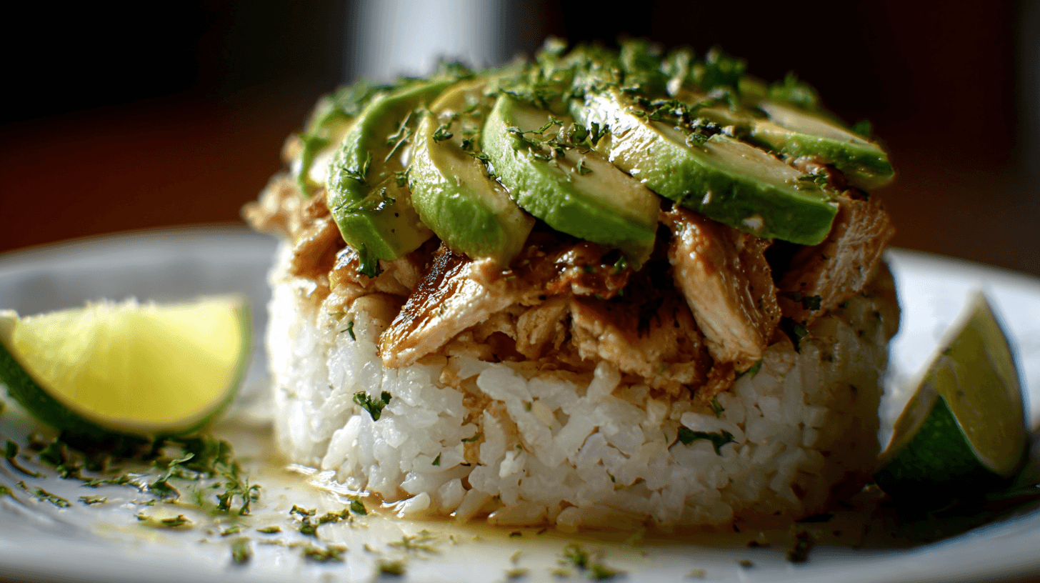 Honey Lime Chicken Avocado Rice Stack