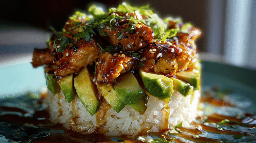 Honey Lime Chicken Avocado Rice Stack 