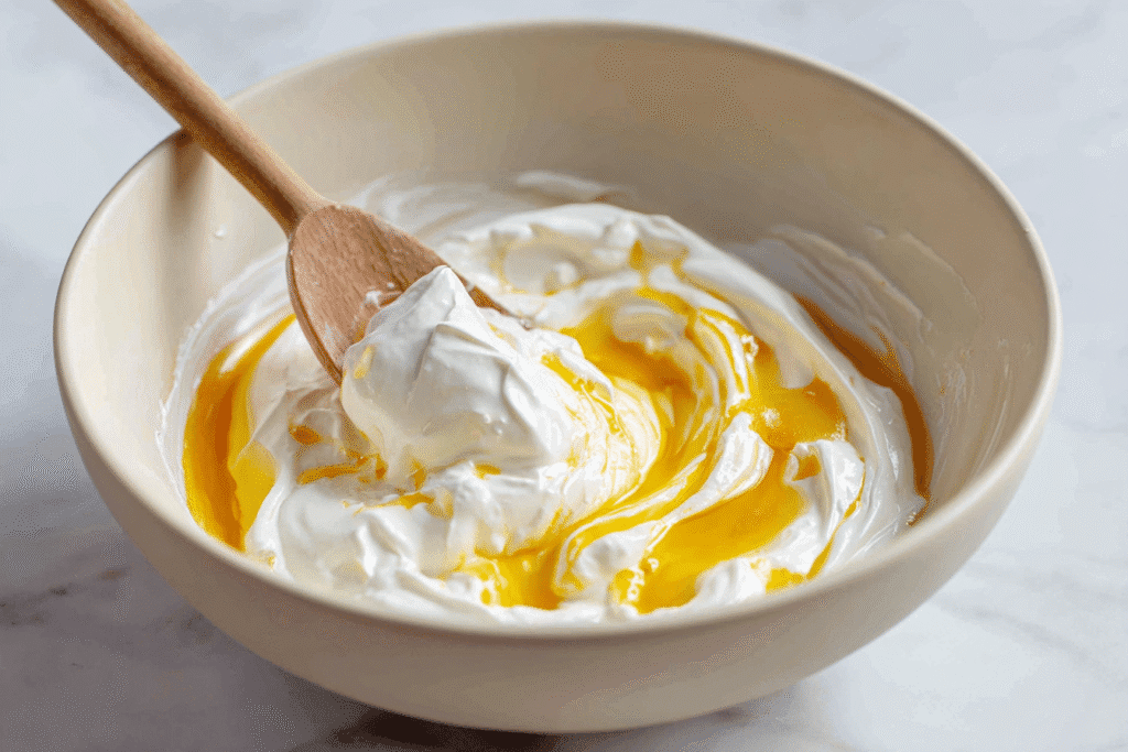 Mixing Greek yogurt and honey in bowl with wooden spoon