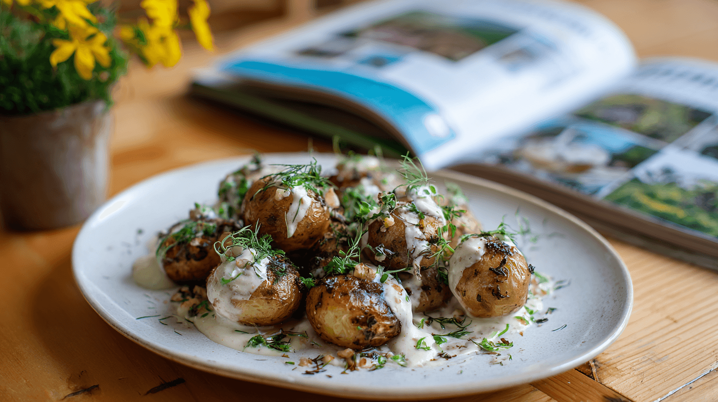 Plated Baby Potatoes With Creamy Garlic Sauce