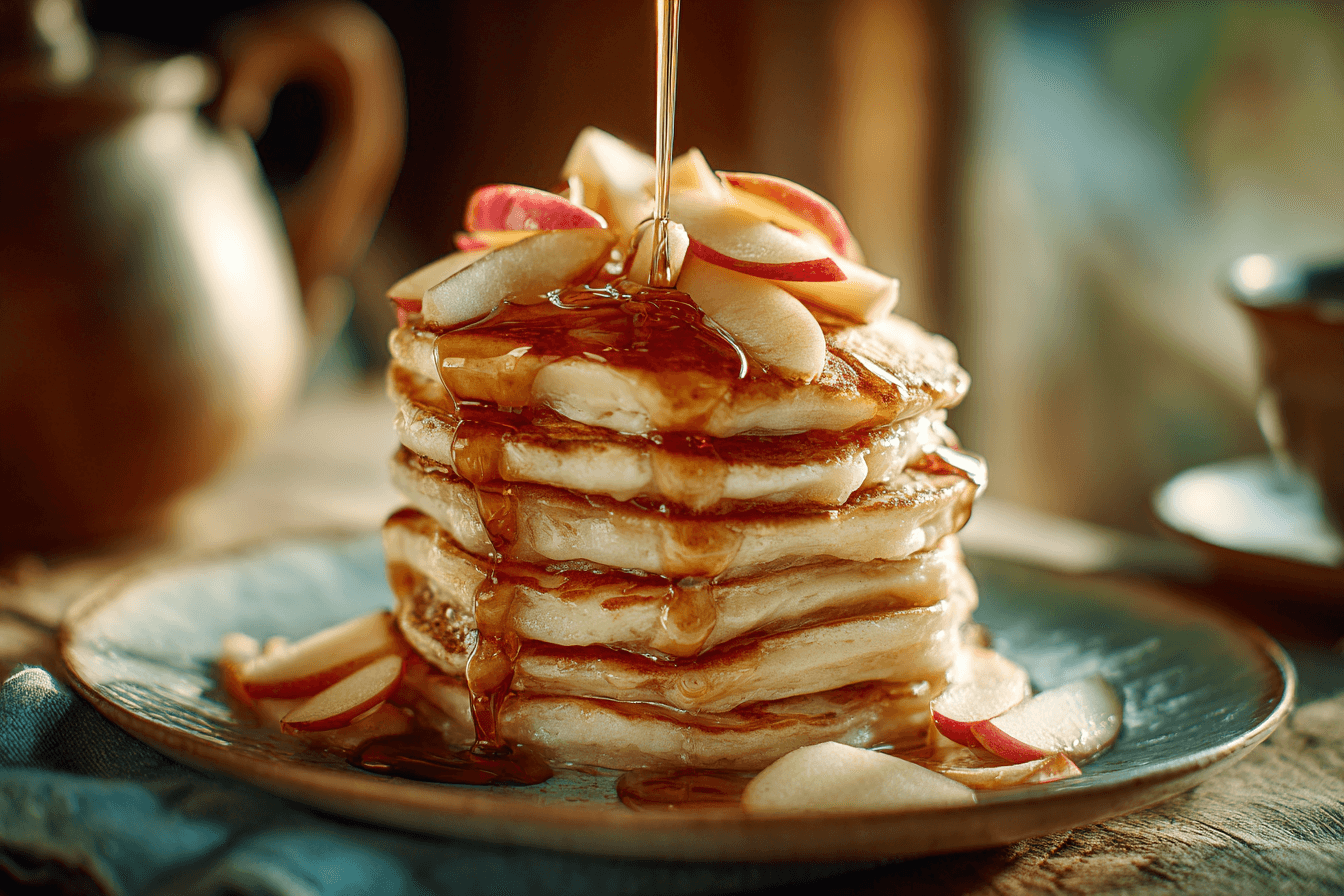 Pouring honey over apple yogurt pancakes on plate